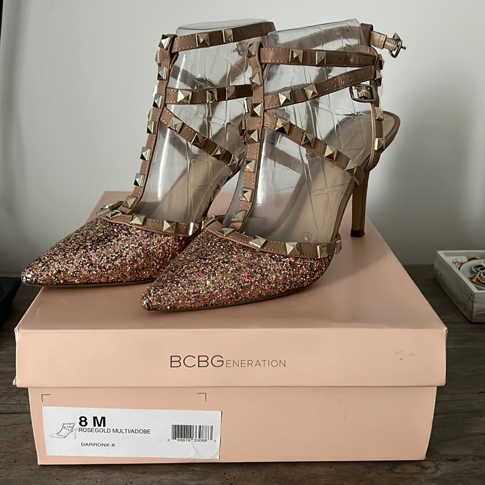 BCBGeneration rose gold glitter heels